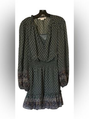 Veronica Beard Teal Paisley Long-Sleeve Smocked-Waist Dress